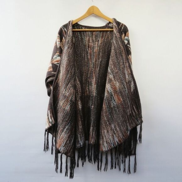 Boho Southwestern Women Size Large Open Front Gray Neutral Beige Fringe Poncho - Picture 5 of 12